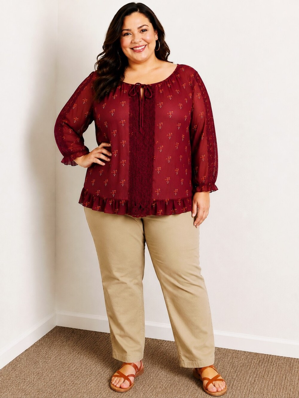 Boutique Burgundy Floral Lace-Trim Peasant Blouse, Size 2X